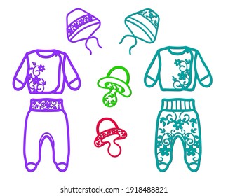 Openwork stencils for cutting children's clothing, trousers, blouses, hats, pacifiers