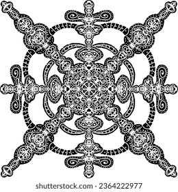 Openwork stylized snowflake with a pattern, mandala, kaleidoscope. Linocut, graphics, rustic. Shabby old texture. Vector black element for design