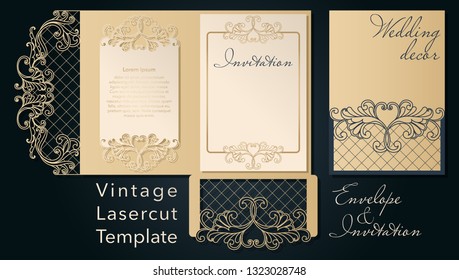 Openwork template for laser cutting. Swirly decorative wedding invitation envelope.