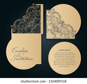 Openwork template for laser cutting. Swirly decorative wedding invitation envelope.