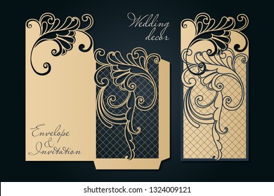 Openwork template for laser cutting. Swirly decorative wedding invitation envelope.