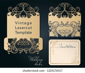 Openwork template for laser cutting. Swirly decorative wedding invitation envelope.