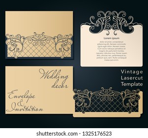 Openwork template for laser cutting. Swirly decorative wedding invitation envelope.