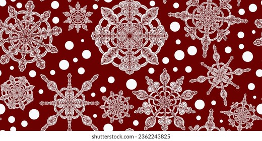 Copos de nieve con textura abierta con adorno. Vector sin fisuras, superposición, patrón de repetición.