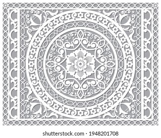 Openwork vector mandala design in ractanle inspired by the oriental carved wood wall art patterns from Marrakesh in Morocco - 4x5 format. Moorish oriental artwork in white on gray, Arabic decor 