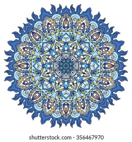 Openwork vector mandala. Round hand-drawn pattern in yellow and blue tones. Colorful, bright print.