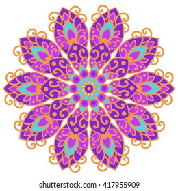 Openwork vector mandala. Round hand-drawn pattern in pink and violet tones. Colorful, bright print.
