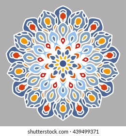 Openwork vector mandala. Round hand-drawn pattern. Colorful, bright print.