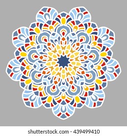 Openwork vector mandala. Round hand-drawn pattern. Colorful, bright print.