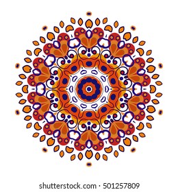 Openwork vector mandala. Round hand-drawn pattern in blue and orange tones. Colorful, bright print for invitation, wedding card, scrapbooking. Tattoo design.