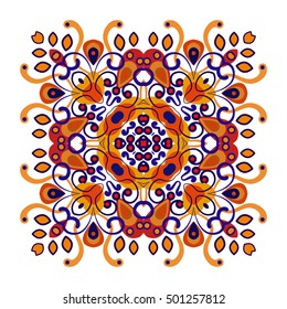 Openwork vector mandala. Round hand-drawn pattern in blue and orange tones. Colorful, bright print for invitation, wedding card, scrapbooking. Tattoo design.