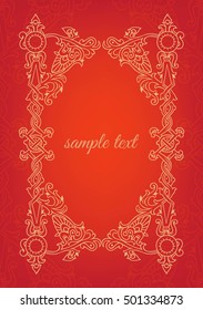 Openwork vector pattern in the form of a frame. Vector ornament in Russian style. Vintage frame for text on a simple red background.