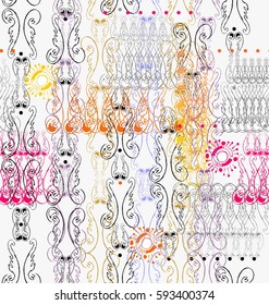 Openwork vignettes in purple, gray, pink, beige, light blue, yellow colors a seamless pattern on a white background.