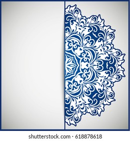Openwork vintage greeting frame card for congratulations on the wedding invitation, Valentine's Day, birthday, holiday, gratitude, love confession. Vector blue background with mandala drawing. eps10