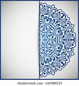 Openwork vintage greeting frame card for congratulations on the wedding invitation, Valentine's Day, birthday, holiday, gratitude, love confession. Vector blue background with mandala drawing. eps10