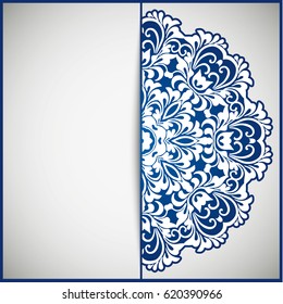 Openwork vintage greeting frame card for congratulations on the wedding invitation, Valentine's Day, birthday, holiday, gratitude, love confession. Vector blue background with mandala drawing. eps10