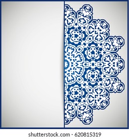 Openwork vintage greeting frame card for congratulations on the wedding invitation, Valentine's Day, birthday, holiday, gratitude, love confession. Vector blue background with mandala drawing. eps10