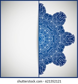Openwork vintage greeting frame card for congratulations on the wedding invitation, Valentine's Day, birthday, holiday, gratitude, love confession. Vector blue background with mandala drawing. eps10