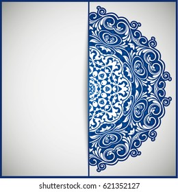 Openwork vintage greeting frame card for congratulations on the wedding invitation, Valentine's Day, birthday, holiday, gratitude, love confession. Vector blue background with mandala drawing. eps10