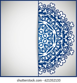 Openwork vintage greeting frame card for congratulations on the wedding invitation, Valentine's Day, birthday, holiday, gratitude, love confession. Vector blue background with mandala drawing. eps10