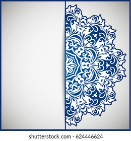 Openwork vintage greeting frame card for congratulations on the wedding invitation, Valentine's Day, birthday, holiday, gratitude, love confession. Vector blue background with mandala drawing. eps10