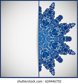 Openwork vintage greeting frame card for congratulations on the wedding invitation, Valentine's Day, birthday, holiday, gratitude, love confession. Vector blue background with mandala drawing. eps10
