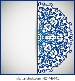 Openwork vintage greeting frame card for congratulations on the wedding invitation, Valentine's Day, birthday, holiday, gratitude, love confession. Vector blue background with mandala drawing. eps10