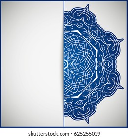 Openwork vintage greeting frame card for congratulations on the wedding invitation, Valentine's Day, birthday, holiday, gratitude, love confession. Vector blue background with mandala drawing. eps10