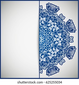Openwork vintage greeting frame card for congratulations on the wedding invitation, Valentine's Day, birthday, holiday, gratitude, love confession. Vector blue background with mandala drawing. eps10