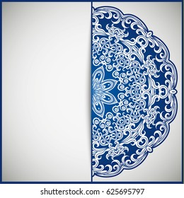 Openwork vintage greeting frame card for congratulations on the wedding invitation, Valentine's Day, birthday, holiday, gratitude, love confession. Vector blue background with mandala drawing. eps10