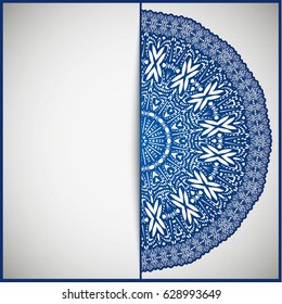 Openwork vintage greeting frame card for congratulations on the wedding invitation, Valentine's Day, birthday, holiday, gratitude, love confession. Vector blue background with mandala drawing. eps10