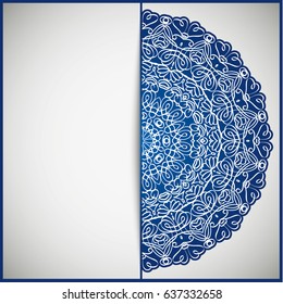 Openwork vintage greeting frame card for congratulations on the wedding invitation, Valentine's Day, birthday, holiday, gratitude, love confession. Vector blue background with mandala drawing. eps10