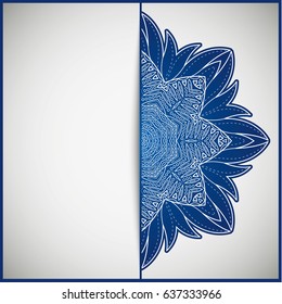 Openwork vintage greeting frame card for congratulations on the wedding invitation, Valentine's Day, birthday, holiday, gratitude, love confession. Vector blue background with mandala drawing. eps10