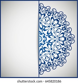 Openwork vintage greeting frame card for congratulations on the wedding invitation, Valentine's Day, birthday, holiday, gratitude, love confession. Vector blue background with mandala drawing. eps10
