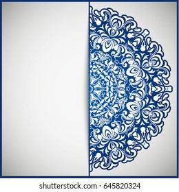 Openwork vintage greeting frame card for congratulations on the wedding invitation, Valentine's Day, birthday, holiday, gratitude, love confession. Vector blue background with mandala drawing. eps10