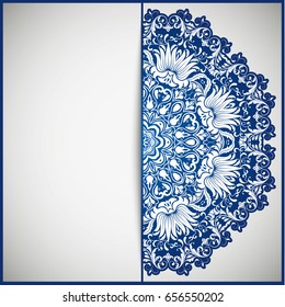Openwork vintage greeting frame card for congratulations on the wedding invitation, Valentine's Day, birthday, holiday, gratitude, love confession. Vector blue background with mandala drawing. eps10