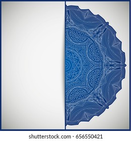 Openwork vintage greeting frame card for congratulations on the wedding invitation, Valentine's Day, birthday, holiday, gratitude, love confession. Vector blue background with mandala drawing. eps10