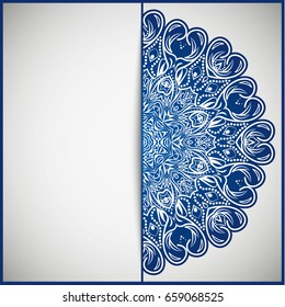 Openwork vintage greeting frame card for congratulations on the wedding invitation, Valentine's Day, birthday, holiday, gratitude, love confession. Vector blue background with mandala drawing. eps10