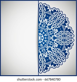 Openwork vintage greeting frame card for congratulations on the wedding invitation, Valentine's Day, birthday, holiday, gratitude, love confession. Vector blue background with mandala drawing. eps10