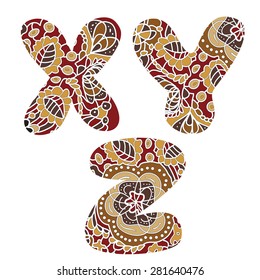 Openwork vintage painting Alphabet. Floral letters. Vector illustration. Capital letter X Y Z. Part 7.