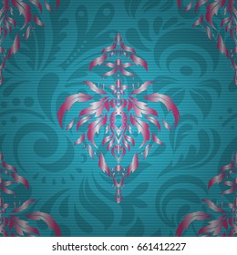 Openwork weaving delicate, abstract background. Vector brilliant lace, stylized flowers, paisley. Oriental style arabesques on colored backdrop. Seamless pattern of blue and magenta textured curls.