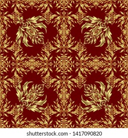Openwork weaving delicate, golden background. Seamless pattern of golden textured curls. Oriental style arabesques on a backdrop. Vector brilliant lace, stylized flowers, paisley.