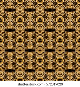Openwork weaving delicate, golden background. Vector brilliant lace, stylized flowers, paisley. Oriental style arabesques on a black backdrop. Seamless pattern of golden textured curls.