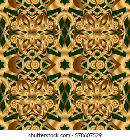 Openwork weaving delicate, golden background. Seamless pattern of golden textured curls. Vector brilliant lace, stylized flowers, paisley. Oriental style arabesques on a green backdrop.