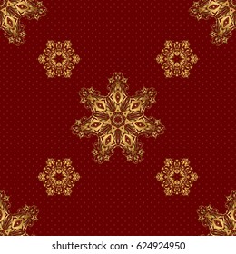 Openwork weaving delicate, golden background. Vector brilliant lace, stylized flowers, paisley. Oriental style arabesques on a red backdrop. Seamless pattern of golden textured curls.