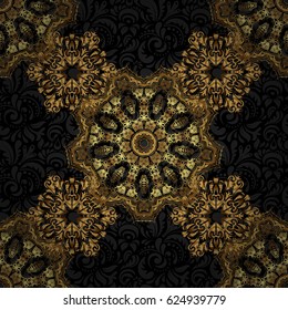 Openwork weaving delicate, golden background. Vector brilliant lace, stylized flowers, paisley. Oriental style arabesques on a black backdrop. Seamless pattern of golden textured curls.