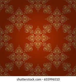 Openwork weaving delicate, golden background. Vector brilliant lace, stylized flowers, paisley. Oriental style arabesques on a brown backdrop. Seamless pattern of golden textured curls.