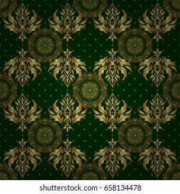 Openwork weaving delicate, golden background. Oriental style arabesques on a green backdrop. Seamless pattern of golden textured curls. Vector brilliant lace, stylized flowers, paisley.