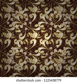 Openwork weaving delicate, nice background. Vector. Pictures in brown, beige and yellow colors. Brilliant lace, stylized flowers. Oriental style arabesques. Seamless pattern. Cute textured curls.