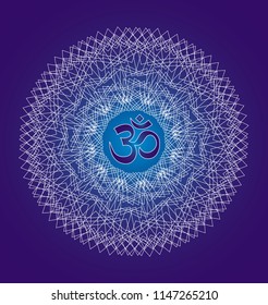 Openwork white mandala with the Aum / Om / Ohm sign on a blue background. A graceful geometric pattern. Spiritual symbol. Vector graphics.